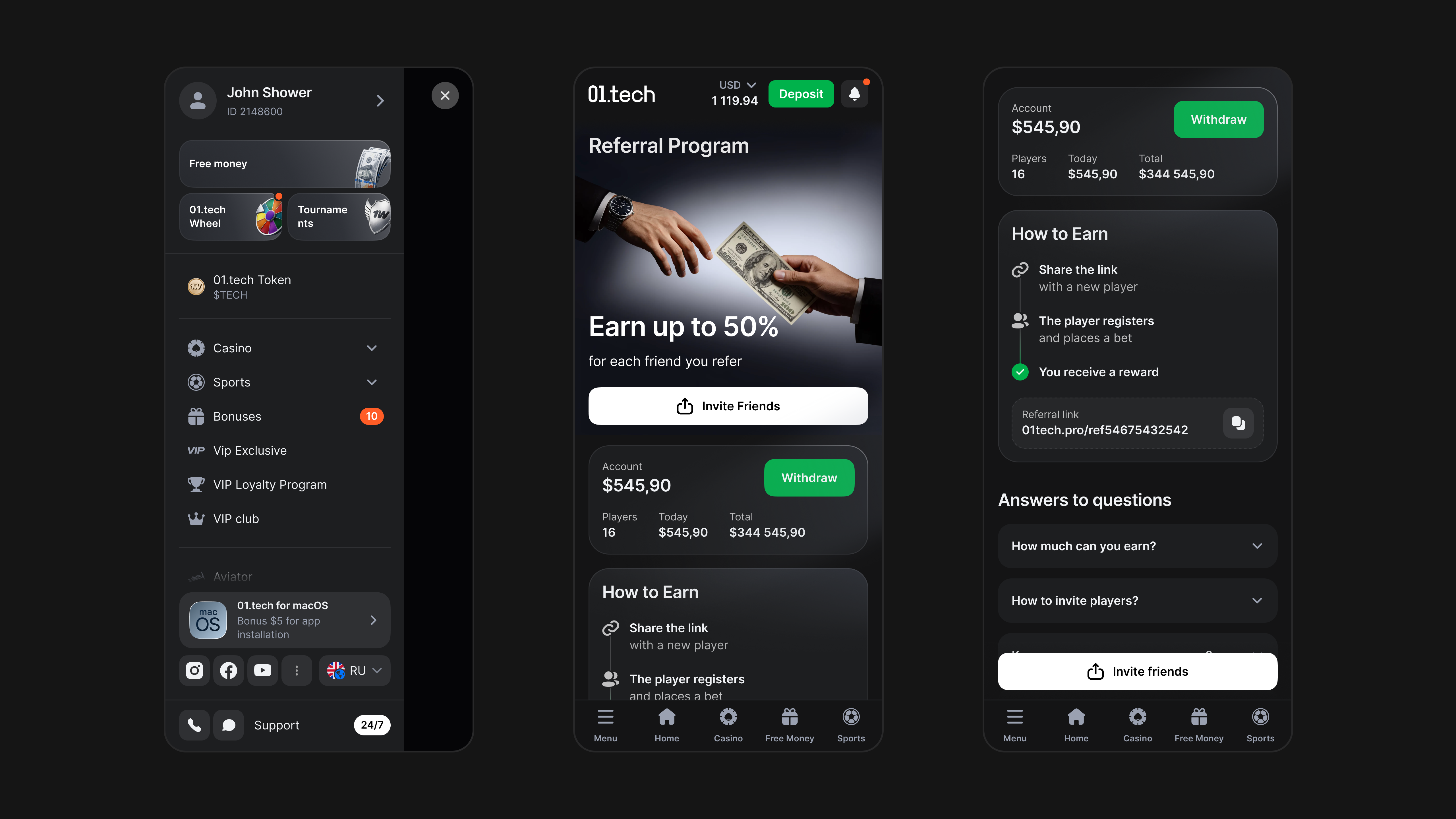 01.tech referral program screens